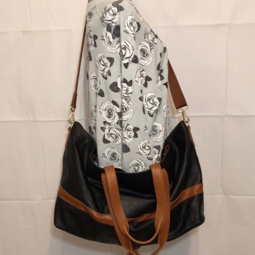 Pottery Barn Ainsley Black Leather Tan Trim XL Travel Overnight Bag Messenger